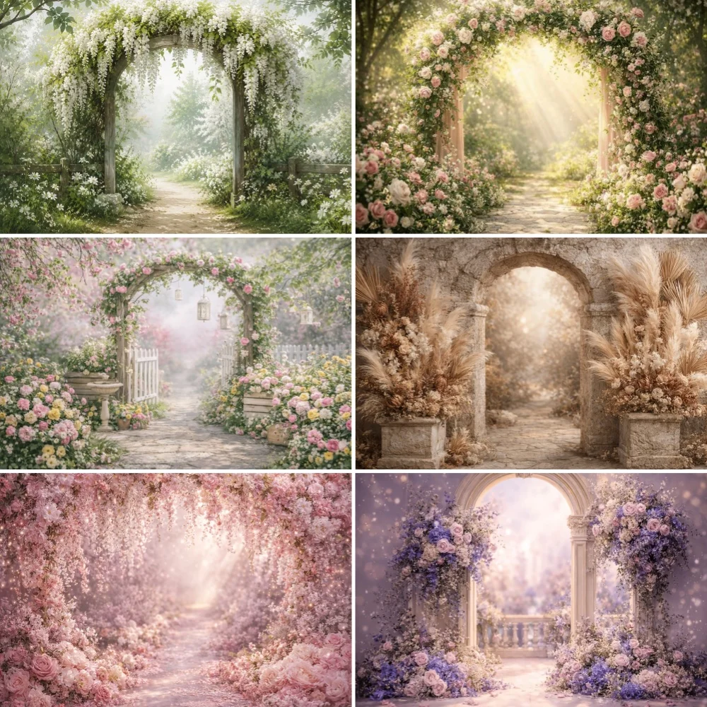 Arche de jardin florale romantique, toile de fond avec hortensias violets, bannière de porte à fleurs rétro, accessoires de photographie pour mariage et fête nuptiale