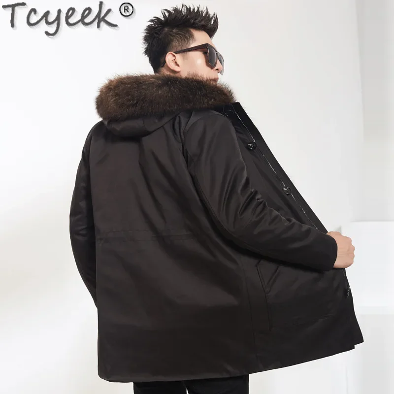 Tcyeek Real Mink Fur Coat Men Winter Clothes Warm Raccoon Fur Collar Mid-long Men's Parka Casual Real Fur Coats Куртка Мужская