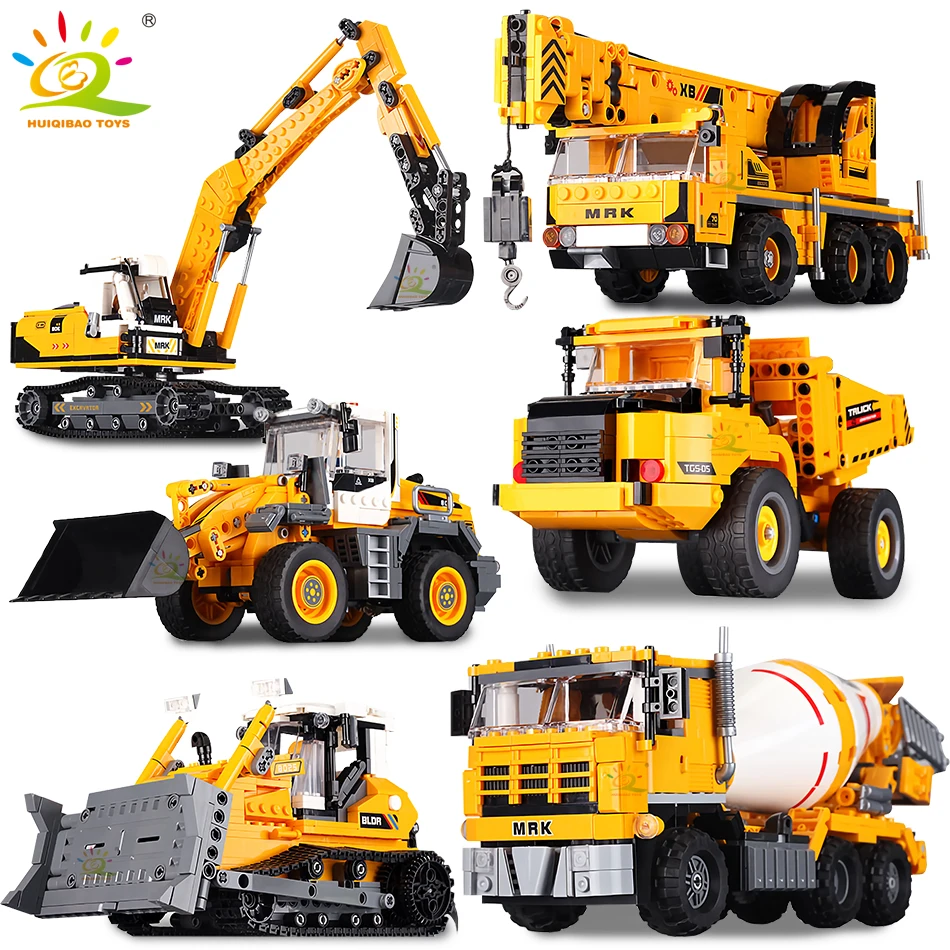 

HUIQIBAO Engineering Truck Building Blocks Vehicle Excavator Bulldozer Crane Car Bricks City Construction Toys For Children Boys