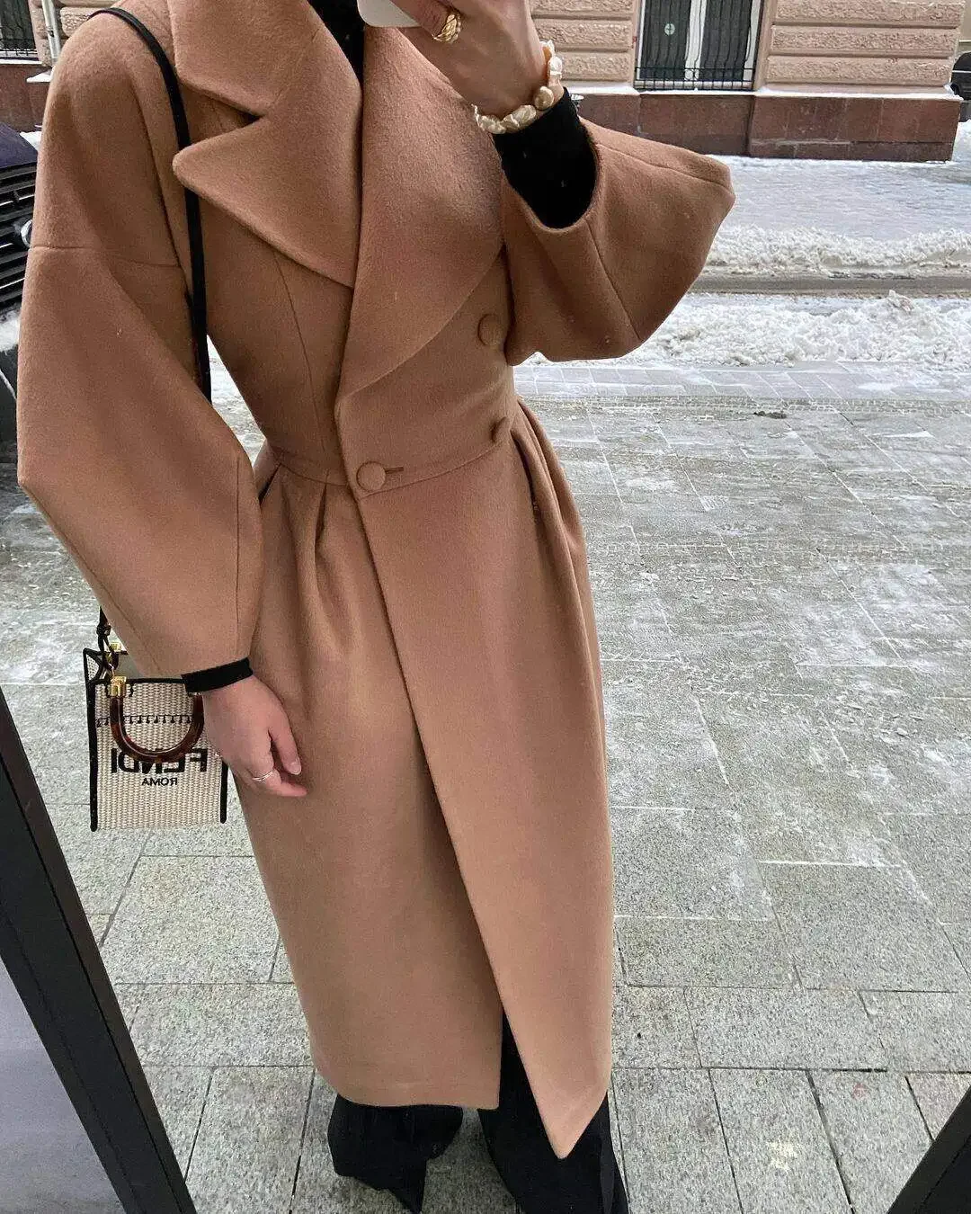 Elegant Solid Woolen Blend Overcoat Women Fashion Thick Lapel Double-Breasted Long Sleeve Jacket 2024 Spring Autumn Lady Outwear