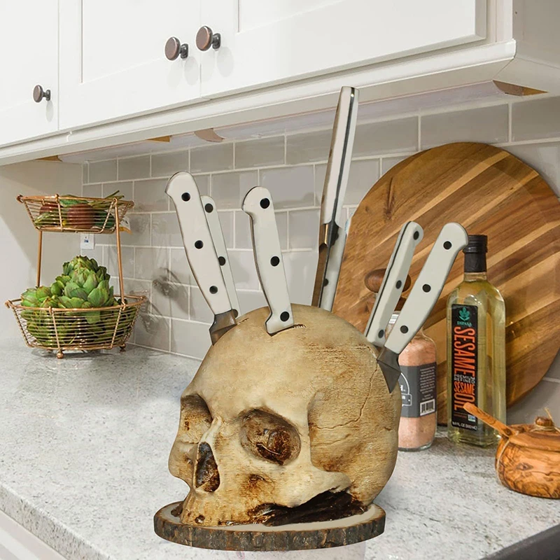 Skull Knife Holder For Kitchen Storage Resin Skull Knife Storage Rack Gothic Scary Skeleton Ornament Party Decoration Gift