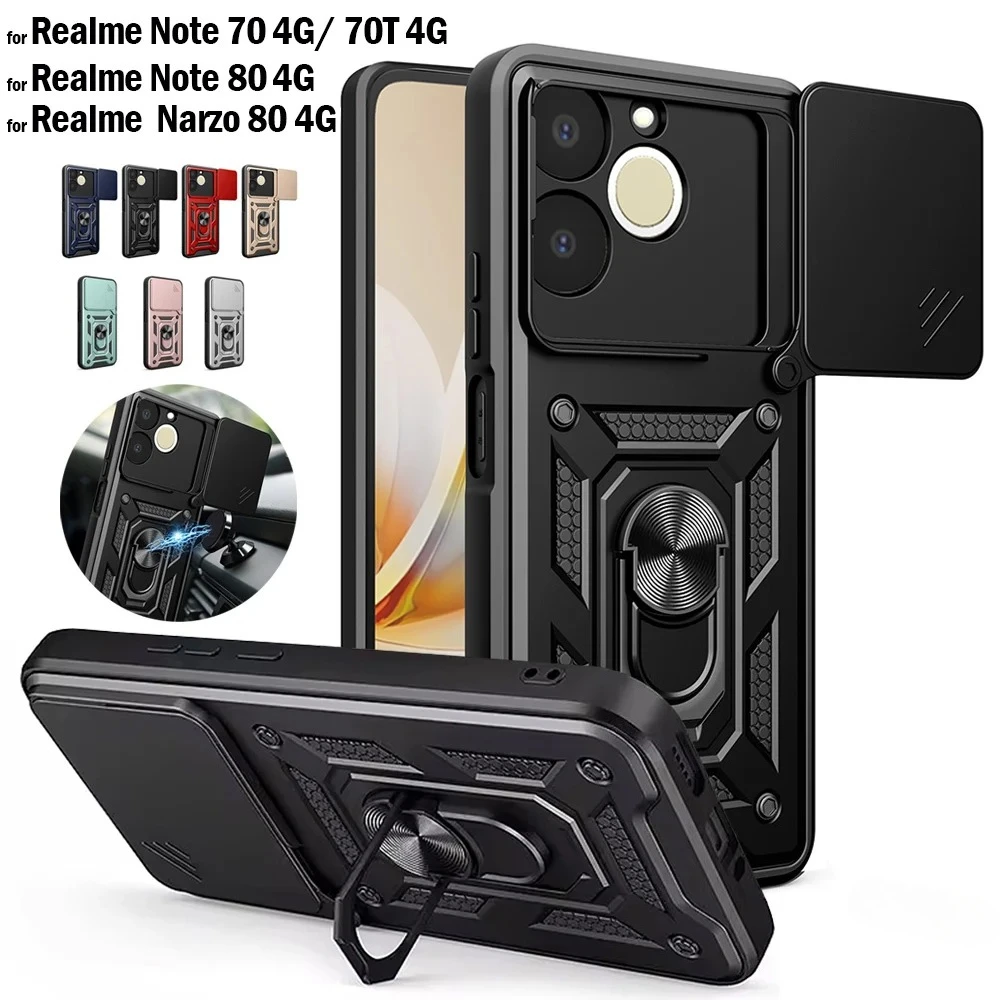 Realme Note 80 70 70T 4G Narzo 80 4G用スライドカメラカバー付きケース、リングキックスタンドホルダー、フルプロテクション耐衝撃カバー