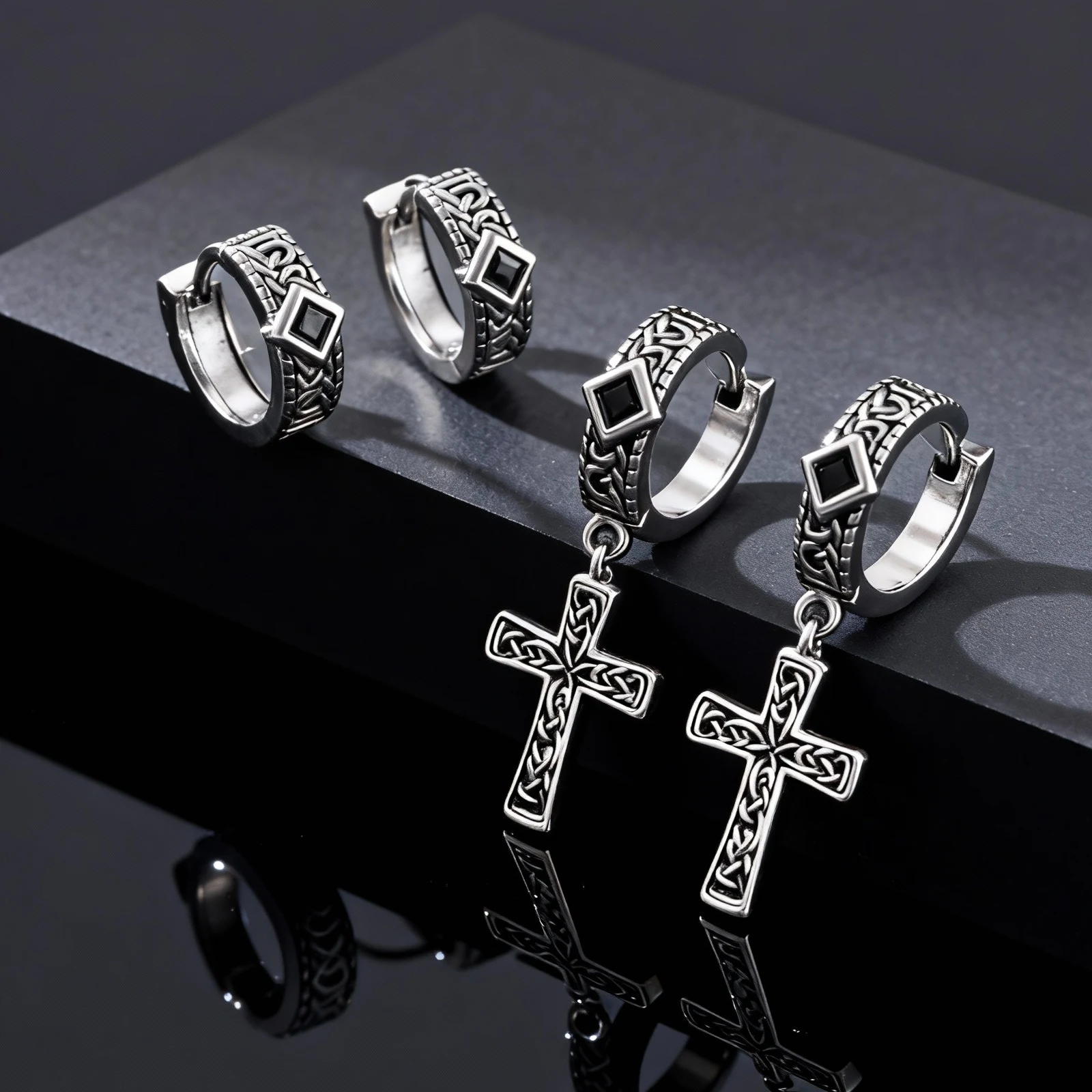 Vintage Celtic Knot Cross Pendant Earrings for Men, Black Zircon Stainless Steel Rhombus Hoop Earrings, Punk Gothic Jewelry