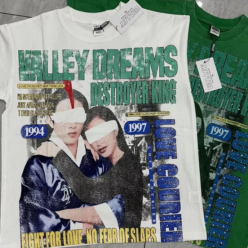 

25ss VALLEY T-shirts Men Women American Portrait Letter Print Heavy Fabric Cotton White Vale Tops Tees