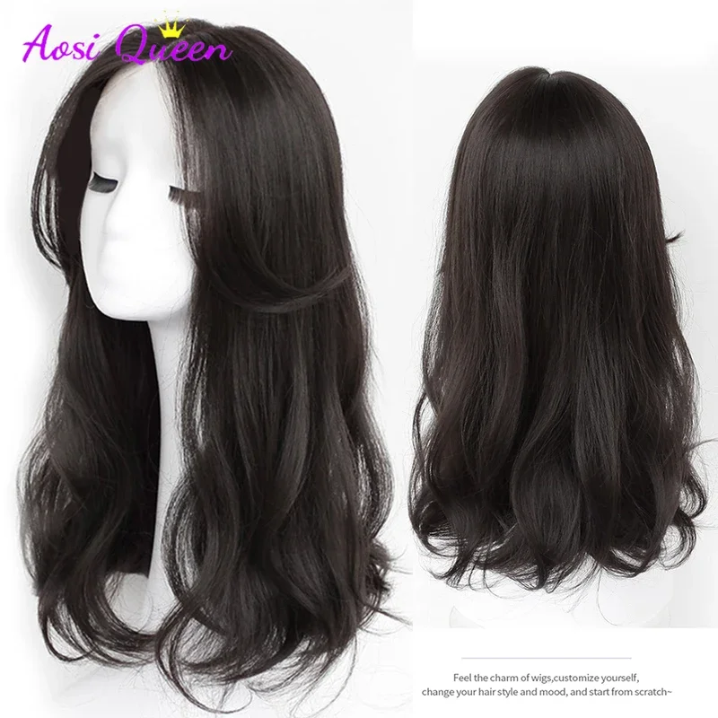 AS Long Synthetic Curly Wigs With Center Bangs Natural Curly Dark Brown Wigs for Women Cosplay Wigs Heat Resistant Fiber Wigs