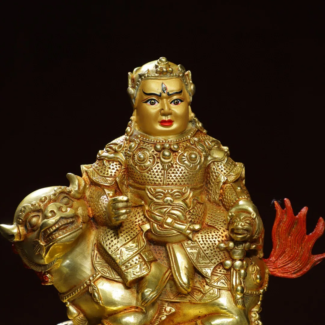 Tibetan Brass Gilt Riding Beast Painting Face Treasure Tianwang White God of Wealth Ornament Home Buddhist Hall Supplies 21cm