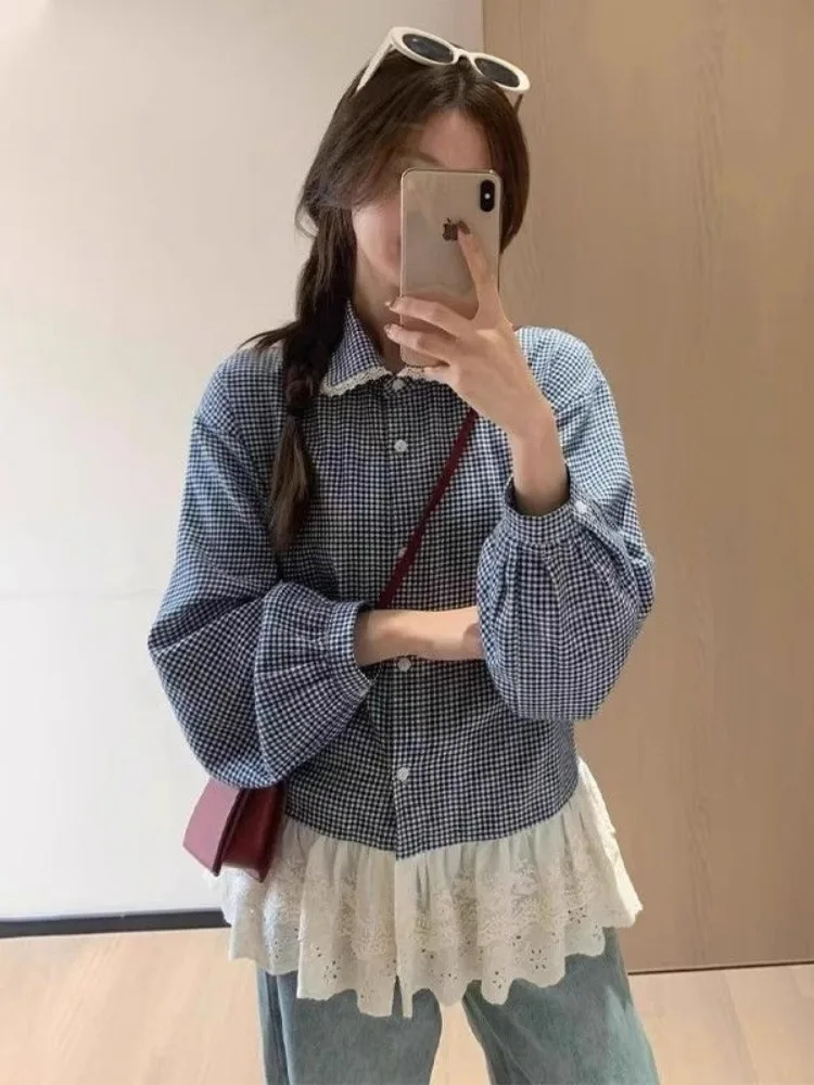 

Retro Korean Lace Patchwork Floral Plaid irt Women's Spring Design Loose Layering Anti-Aging Long Sve Blouse