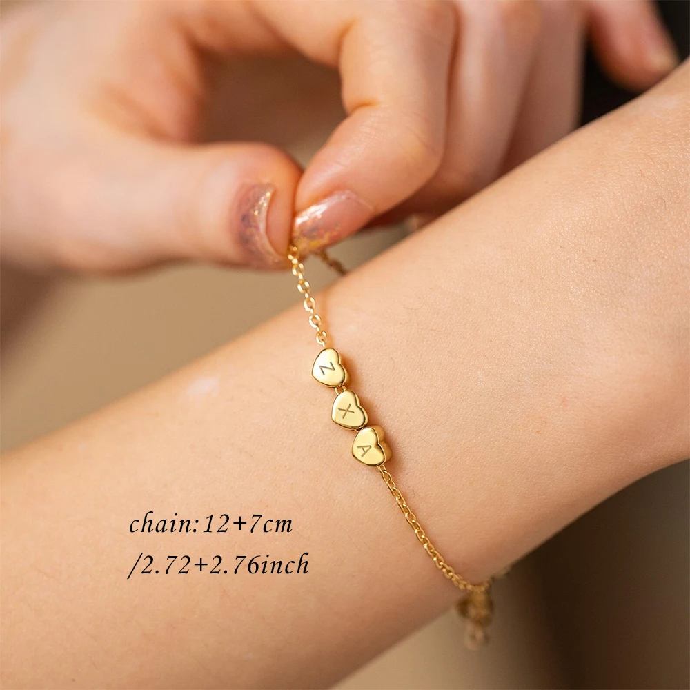 Custom 3D Heart Initial Bracelet, Personalized Gold Engraved Gift