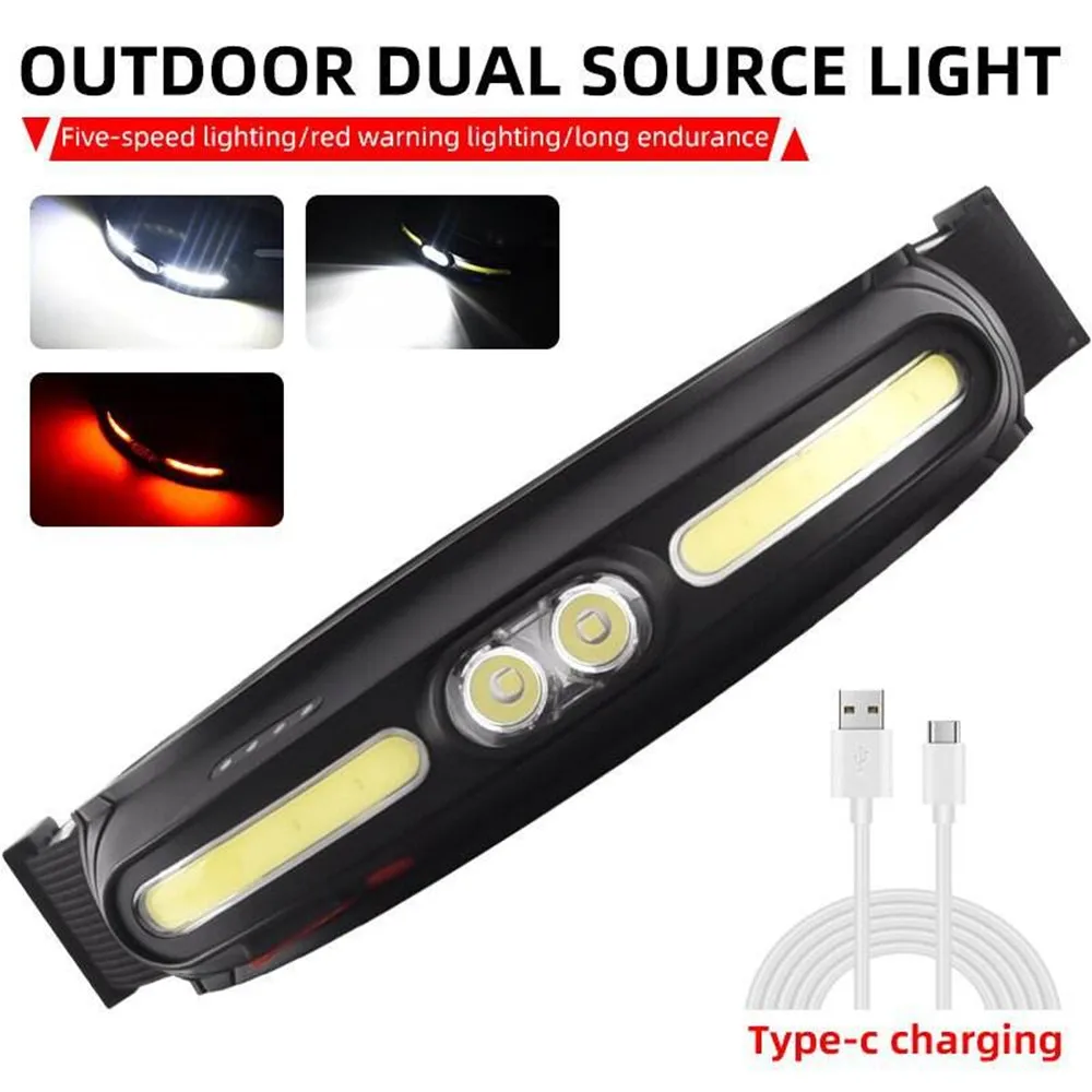 Powerful 210°Wide Beam COB+LED Headlamp 350 Lumen Soft Light Headlight USB C Rechargeable Red Light Adjustable Headband Headlamp image 2
