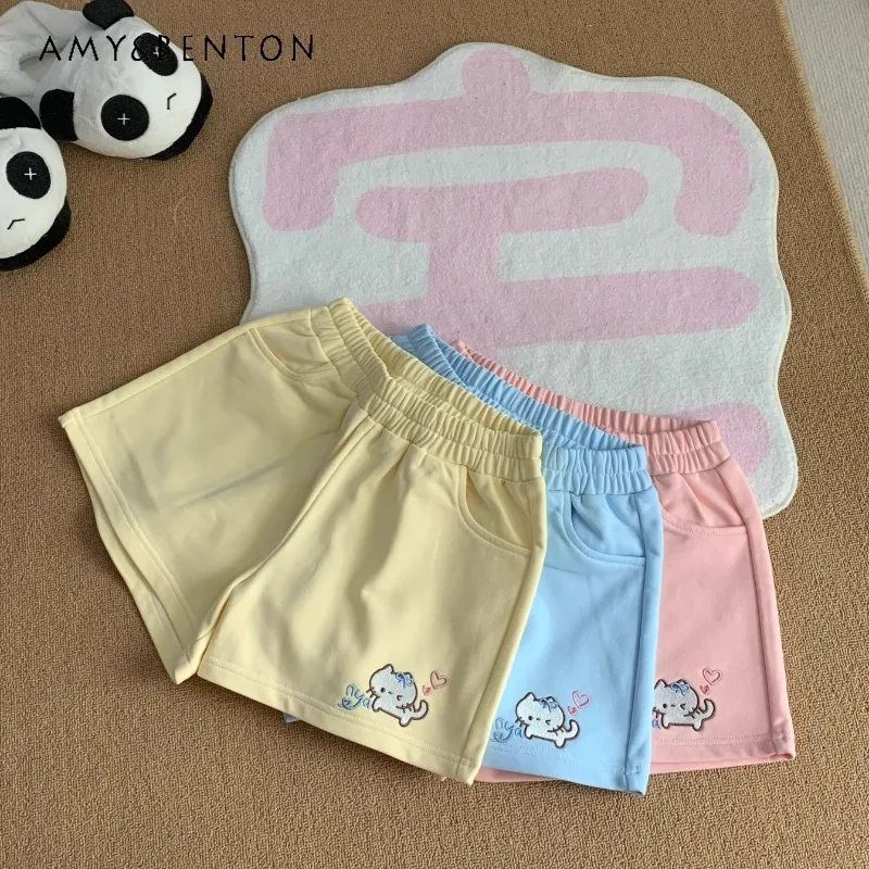 

2025 New Japanese Summer Design Sense Original Versatile Solid Color Legs Long Kitten Embroidered Printed Shorts For Women