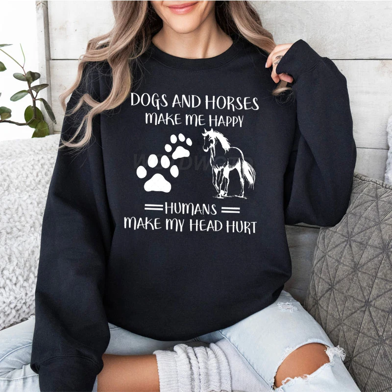 

Horse Lover Gift Casual Daily Sweatshirt Dogs and Horse Make Me Happy Print Pullover Dog Mom Horses Farm Essential Sweatshirts