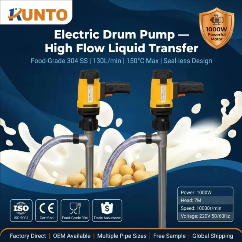 Electric Drum Pump For Soy Milk Cooking Oil Honey Alcohol Diesel Chemical Food Grade 304 SS Portable Barrel Transfer Pump