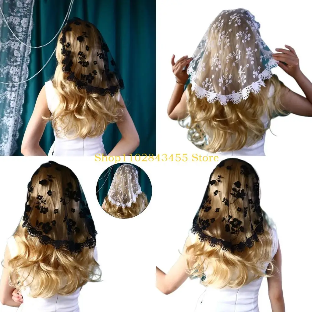 49MC Lace Flower Headscarf Wedding Bride Veil Hair Scarf Church Chapel Head Covering