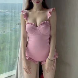 Sexy One Piece Swimsuit Women Hollow Out Swimwear Open Back Strap Hollow Waist Strap Steel Bracelet Ruffle Lace Suit Female