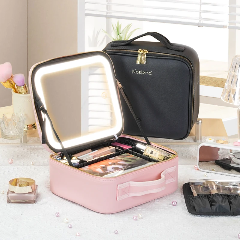 Travel Makeup Bag with LED Lighted Mirror 3 Color Scenarios Adjustable Brightness, with DIY Dividers, Toiletry Makeup Case Gift