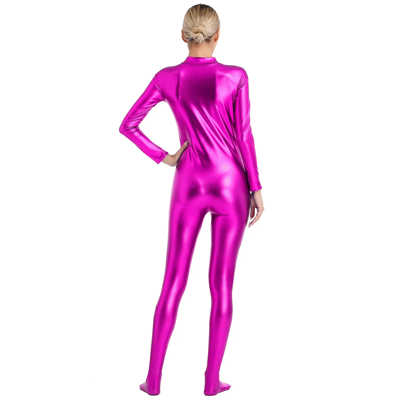 Womens Shiny Metallic Unitard dolcevita manica lunga Zip Up Footless tuta intera tuta Catsuit Halloween Zentai Costume