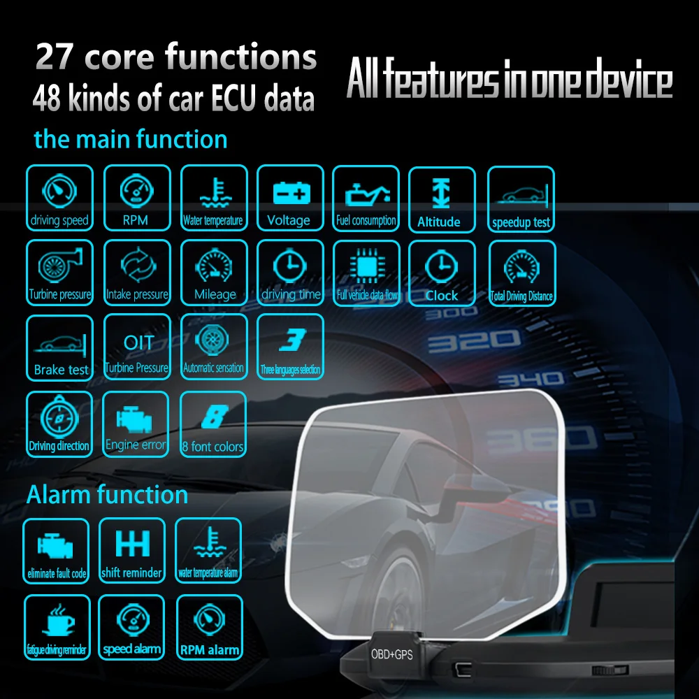 

TFT LCD Screen C1 Navigation Head Up Display OBD2+GPS HUD Projection Windshield Projector Smart Tired Alarm On-Board Computer