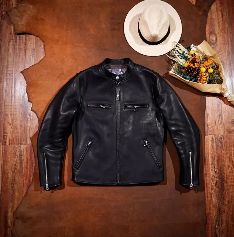 LNY!Wholesales.Men 1.4mm thick heavy full grain cowhide jacket.Luxury real leather coat.Classic style Rider cloth