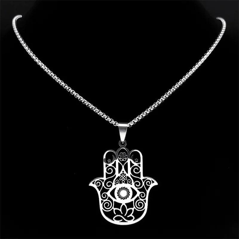 

Hand of Fatima Lotus Moon Necklace for Women Men Stainless Steel Silver Color Death Eye Hamsa Palm Necklaces Jewelry N8083S02