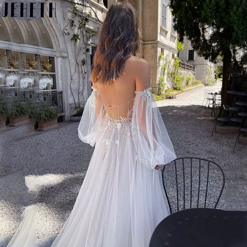 JEHETH 2024 gaun pengantin bahu terbuka Boho gaun pengantin lengan panjang simpel A-line gaun pengantin Tulle leher Sweetheart Split платье женское