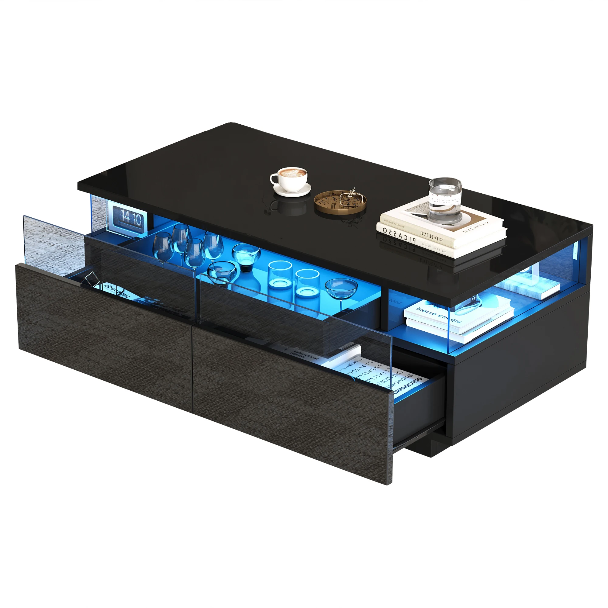 Bijzettafel met afneembaar blad, 2 laden en LED-3 niveaus, gehard glas, zwart MDF - 90 × 45 × 35,5 cm - afbeelding 2
