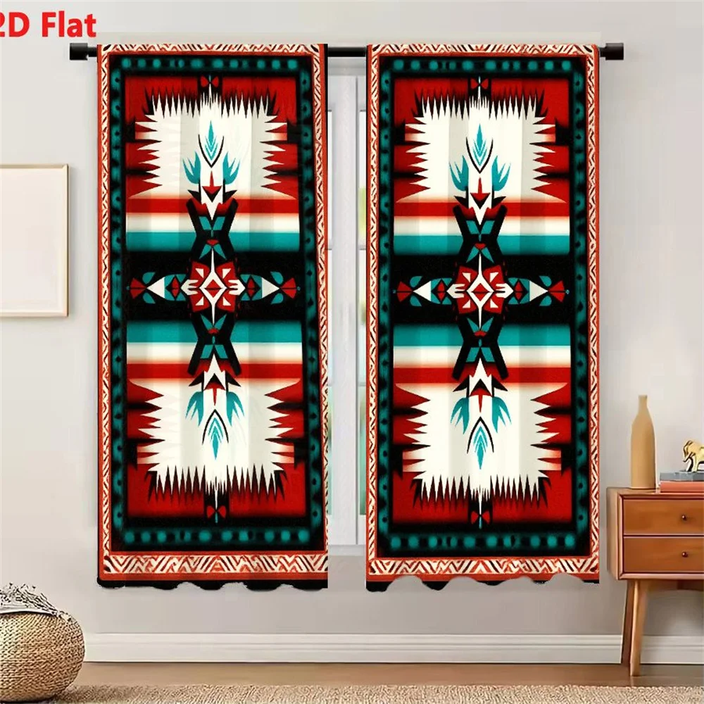 2Pcs Curtains 2D Flat Native American Inspired Geometric Pattern Rectangular Design With Black Background And White Red Teal Mot