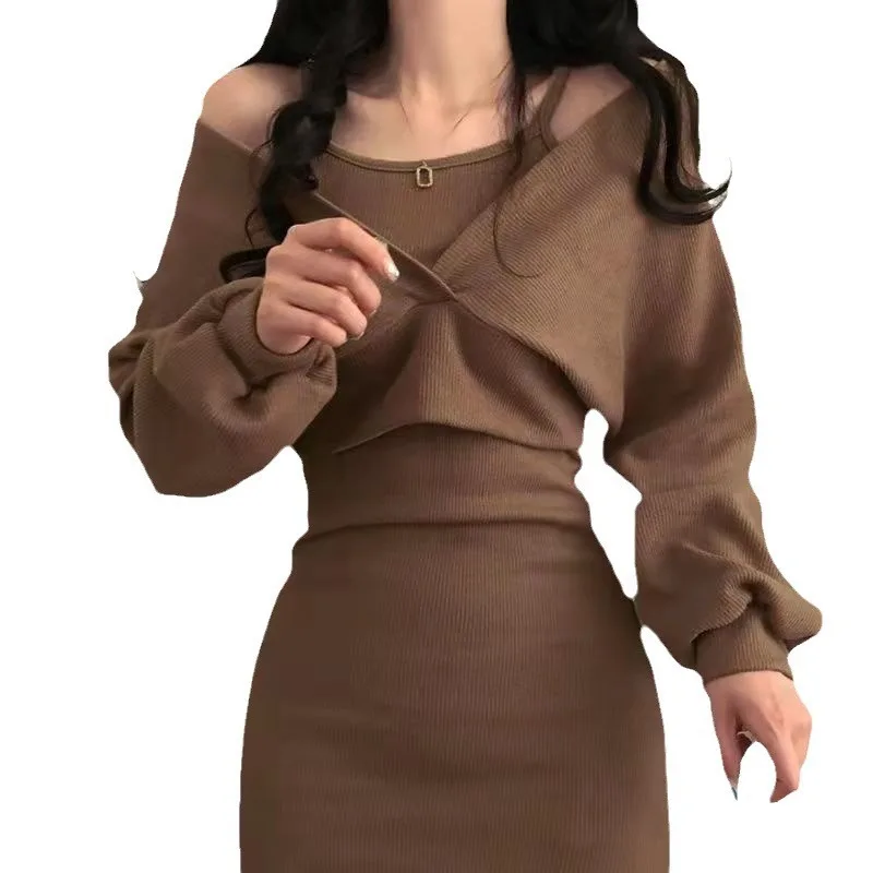 

2026 Autumn and Winter New French Temperament Suspender Skirt + Blouse T-shirt Long-sleeved Set Women's Thin Solid Color Dress