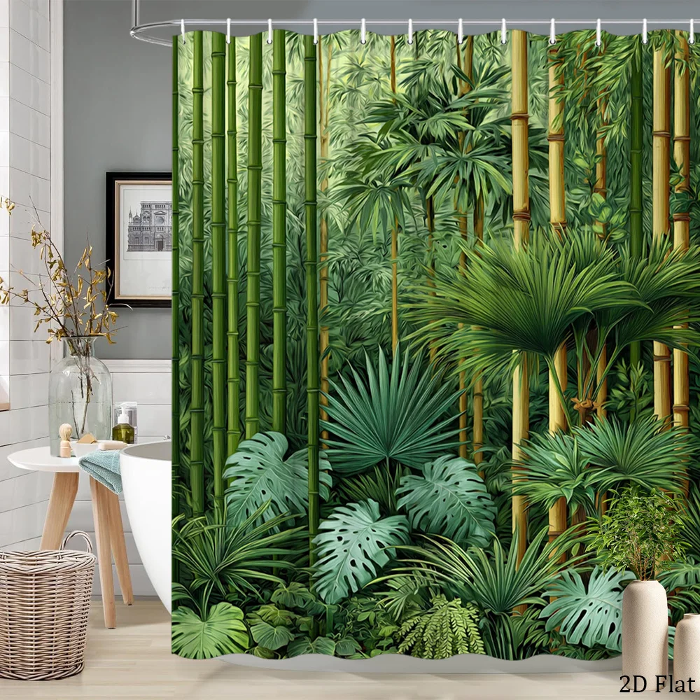 2D Flat, 2D Flat, 1pc 2D Flat Tropical Jungle Bathroom Decor Shower Curtain Polyester Fabric with 12 Hooks Modern Nature Greener