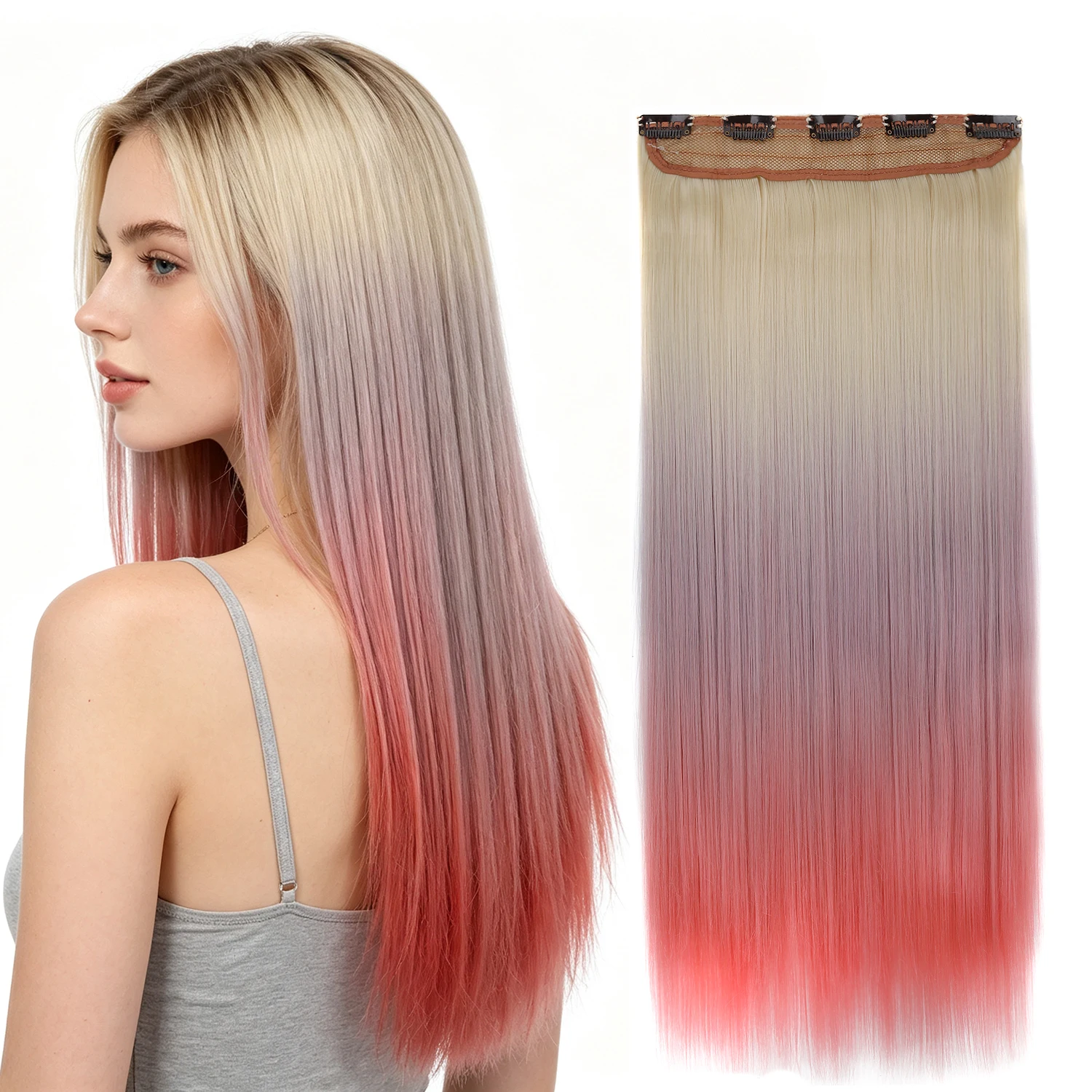 Tri-Color Ombre Gradient One Piece Hair Extension Silk Straight Clip-in Hair Pieces  for Daily Festival Look