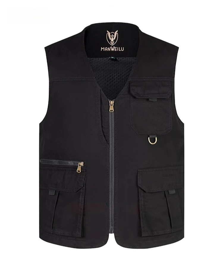 Spring and Autumn Middle-aged Men's Blue Khaki V-neck Vest Thin Multi-pocket Large Size Army Green Black Sleeveless Outwear