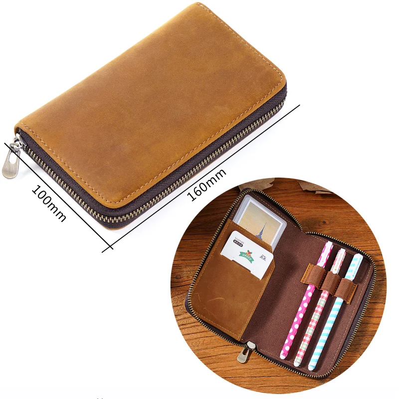 Three Pack Crazy Horse Cowhide Zipper Pen Case Pen Case Large Capacity Card Storage Bag Stationery Case