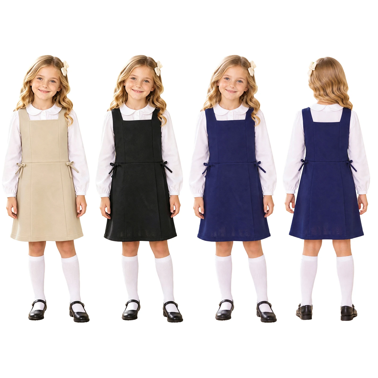 Kids Girls School Uniform Dress Square Collar Sleeveless Side Zipper Dress Bowknot Pockets Jumper Classroom School Events Wear