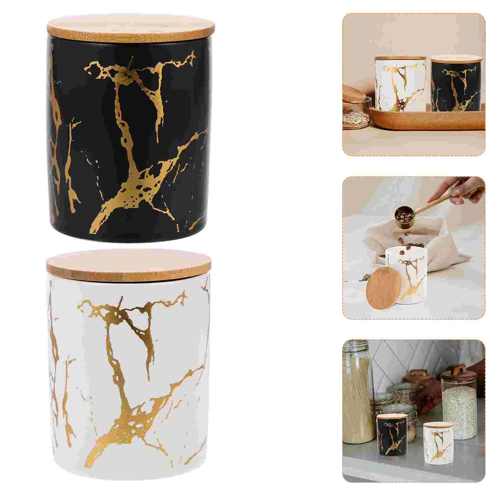 

2 Sets Sealed Ceramic Storage Jars Food Storage Cans Cereals Bottles Tea Bottles Dustproof Containers Marble Pattern Kitchen