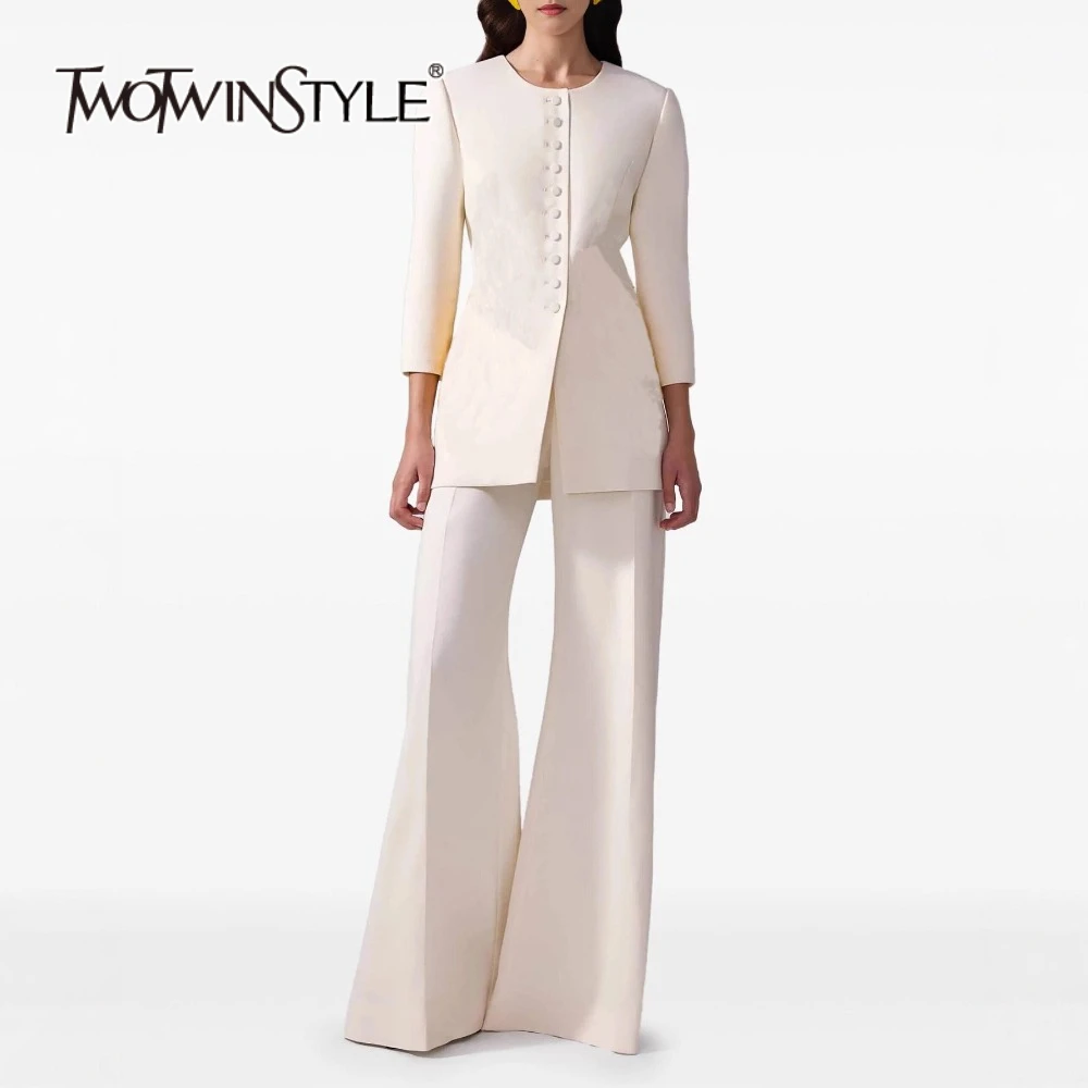 

TWOTWINSTYLE Slimming Temperament Two Piece Sets for Women Round Neck Long Sleeves Spliced Button Top Wide Leg Pant Set Female