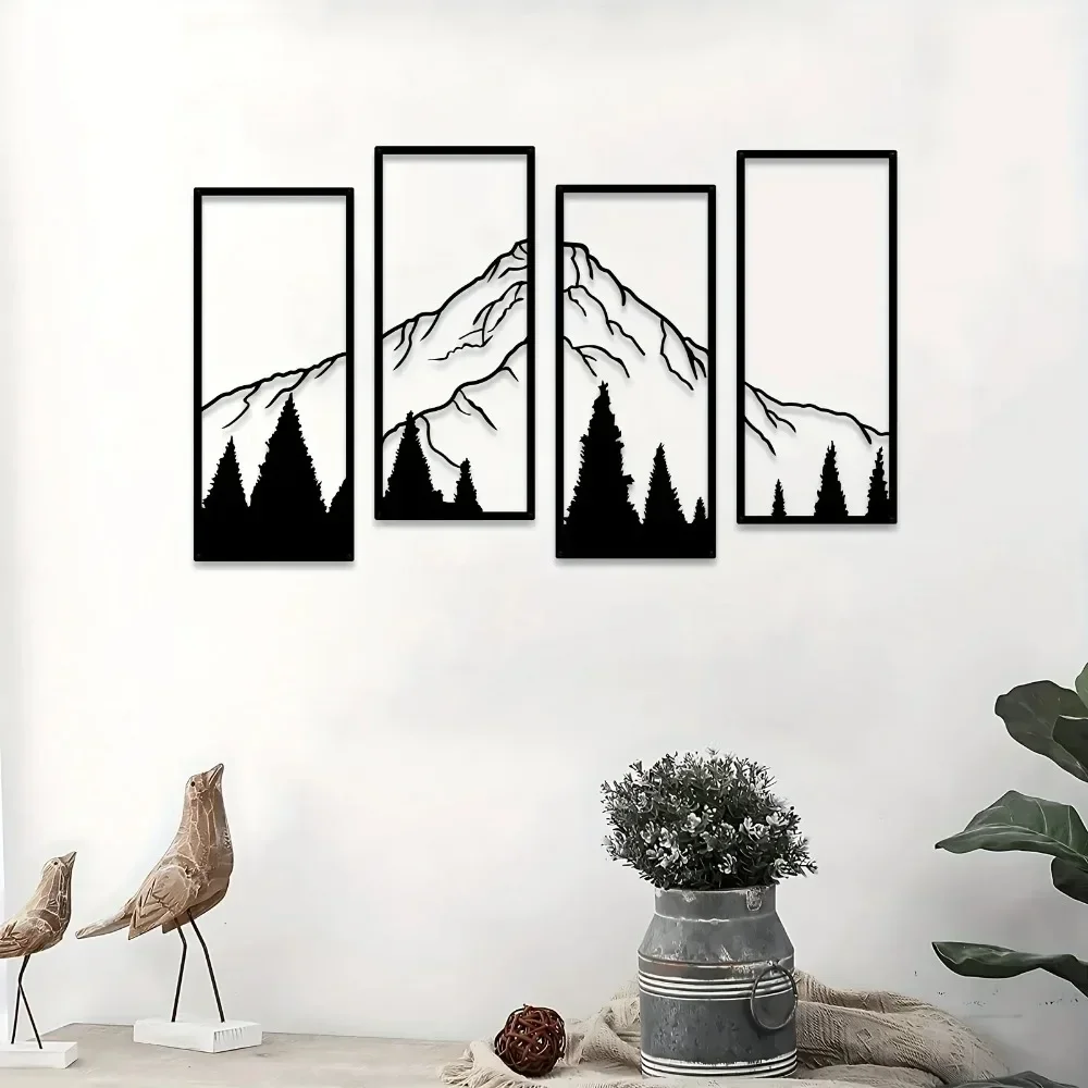CIFBUY Minimalist Mountain Metal Wall Decor 4Pc Square Sculpture Set Durable Rust Proof Indoor Home Office Living Room Art