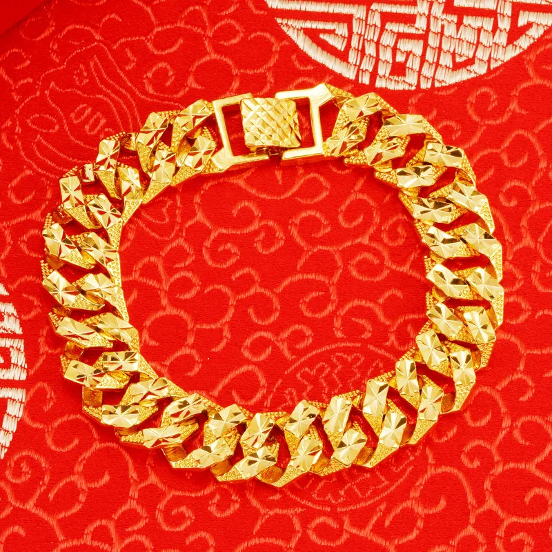 Pure 18K 999 Yellow Gold Bracelets for Men Bro Father Classic Wedding Party Christmas Gifts Jewelry Thickening Never Fade