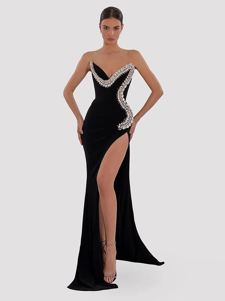 

Summer Women Sexy Strapless Backless Crystal Velvet Black Maxi Long Bodycon Gowns Dress Evening Club Party Dress