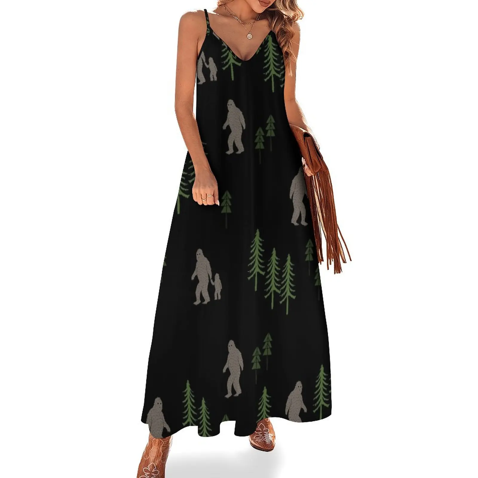 

Sasquatch bigfoot pattern forest animal creature mythical beast Sleeveless Dress chic and elegant evening dress