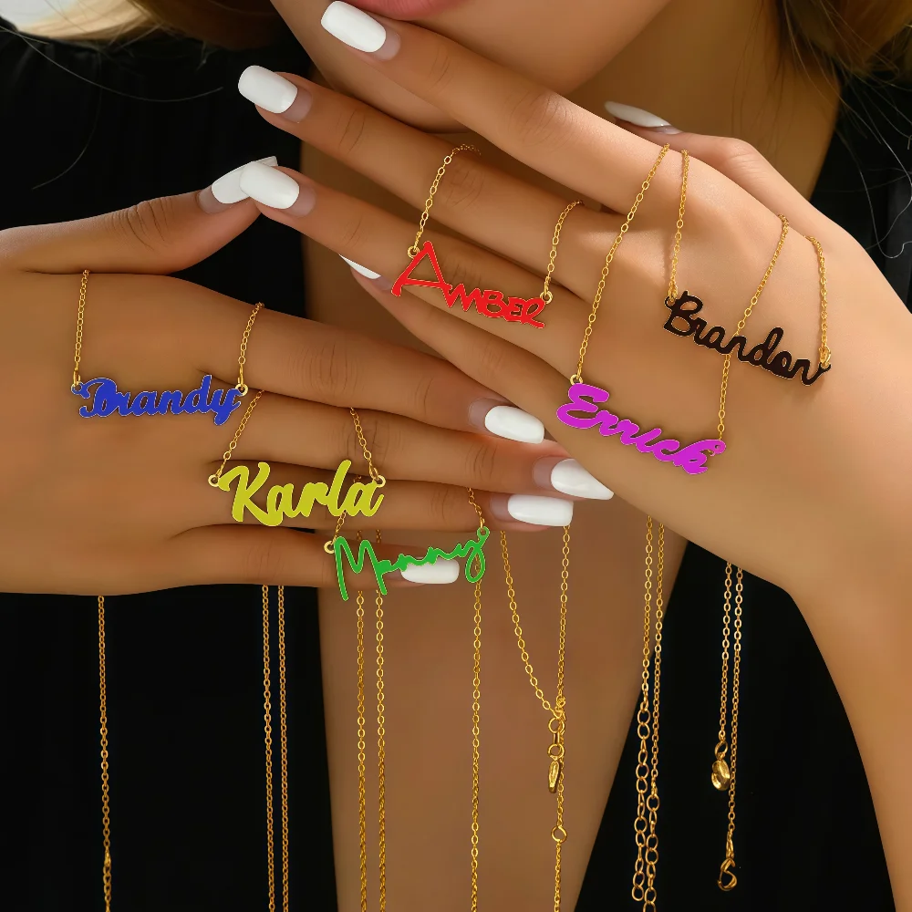 

﻿ Цветное имя на заказ, 18-каратное позолоченное ожерелье с именем для женщин и мужчин, индивидуальный подарок из нержавеющей стали на день рождения, Рождество для нее