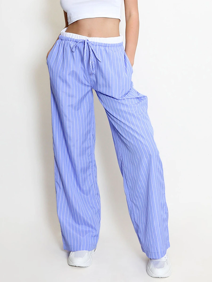 

New Fashion Womens Striped Pants Fake Two-Piece High Waist Drawstring Straight Leg Trousers With Pockets For Summer Fall S M L