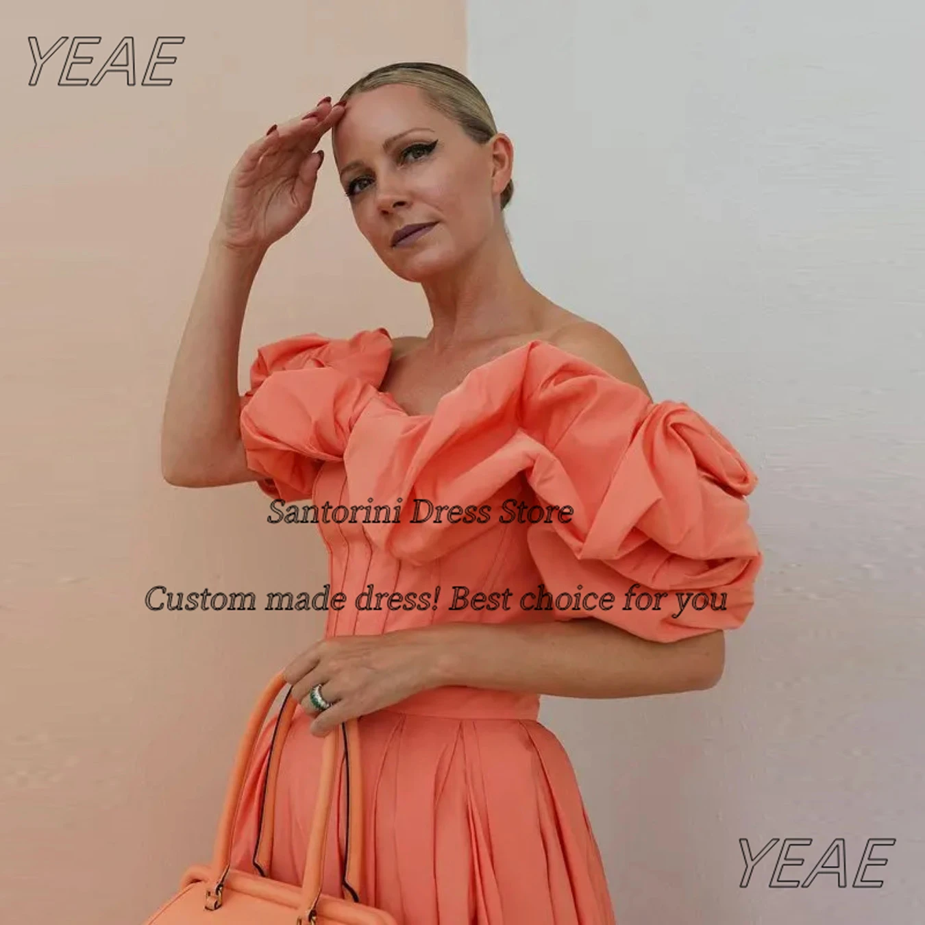 سانتوريني Ruched قبالة الكتف فساتين حفلة موسيقية قصيرة الأكمام مناسبة خاصة فستان الشاي طول فساتين الحفلات المسائية حسب الطلب #2