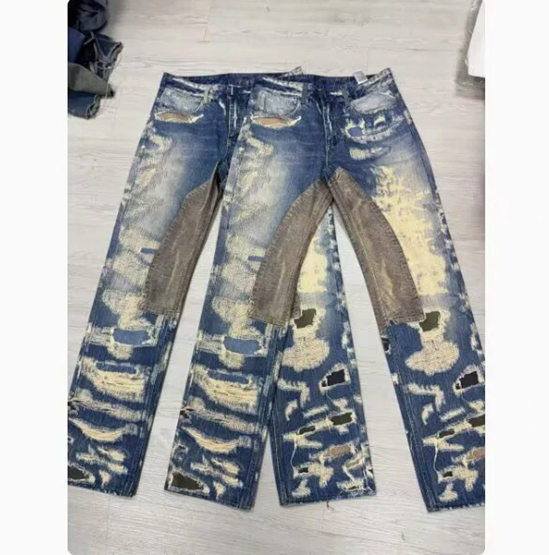 Blue Jeans Men Hollow Out Fashion Y2K High Waist American Wide Leg Pants Streetwear Pants Winter Straight Trousers