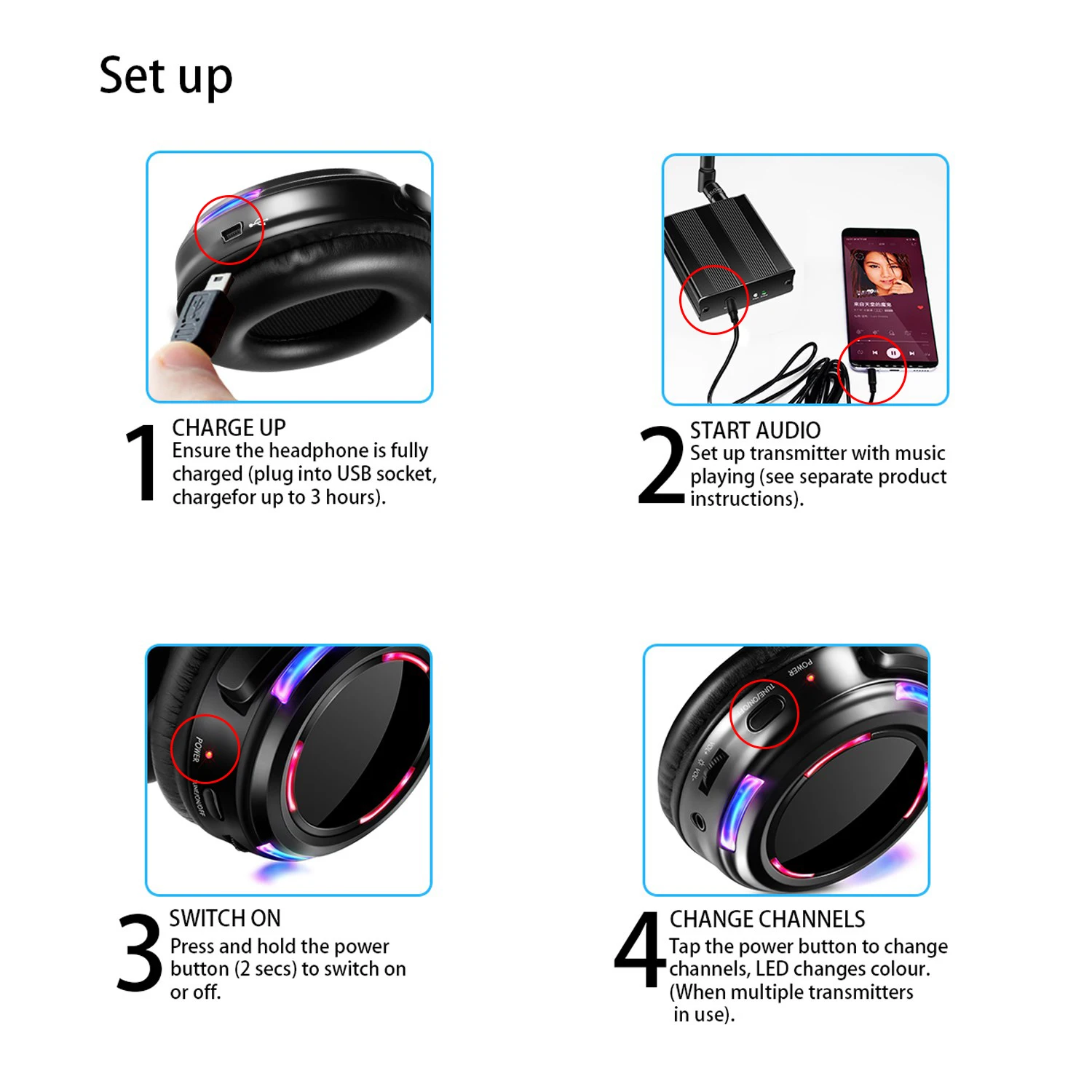 Rechargeable Silent Disco LED Wireless Headphones Bundle with 5pcs Headsets 1 Transmitter 500m Distance