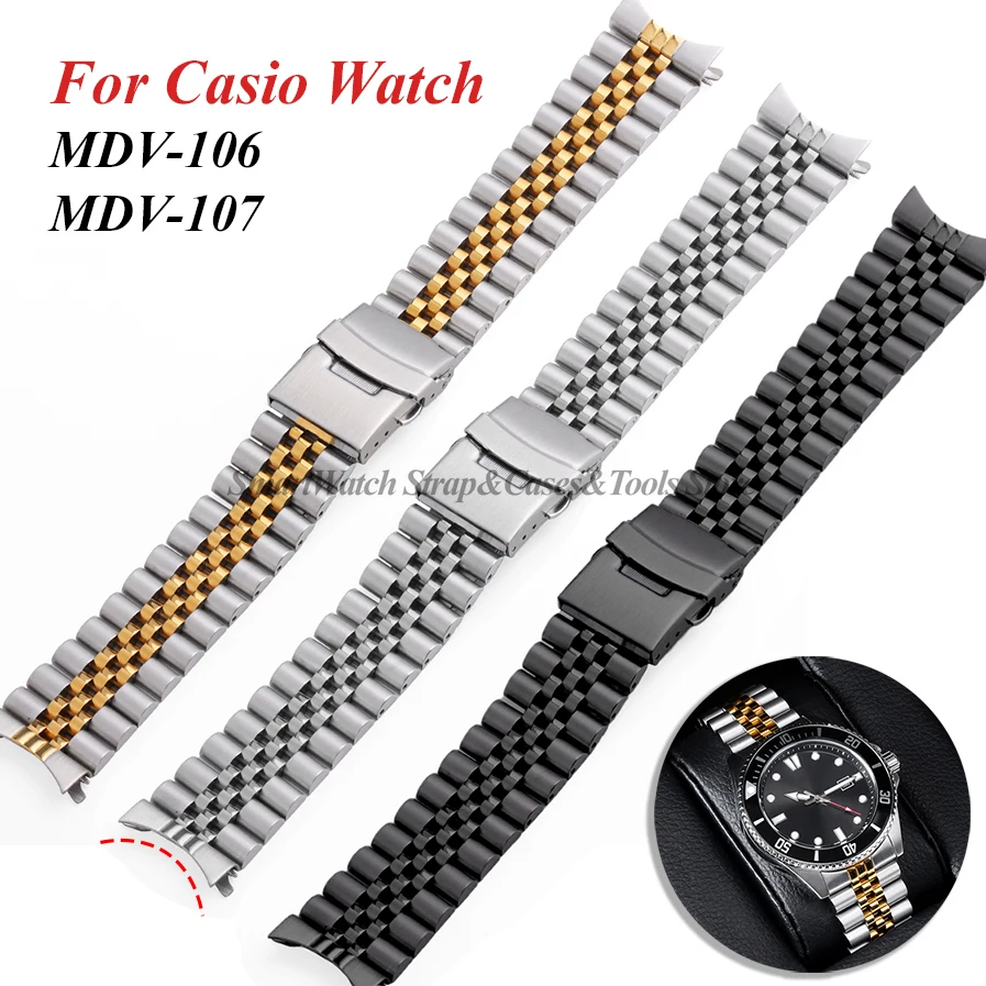 Diving Men Straps for Jubilee Watch Band for Casio Swordfish MDV-106 107 2784 Solid Stainless Steel Arc Mouth Bracelet 22mm