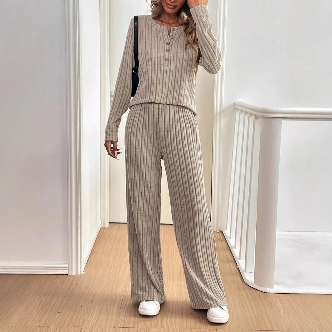 2025 New Striped Knitted Suit Autumn and Winter New Women's Pants Casual Temperament Loose Straight Pants