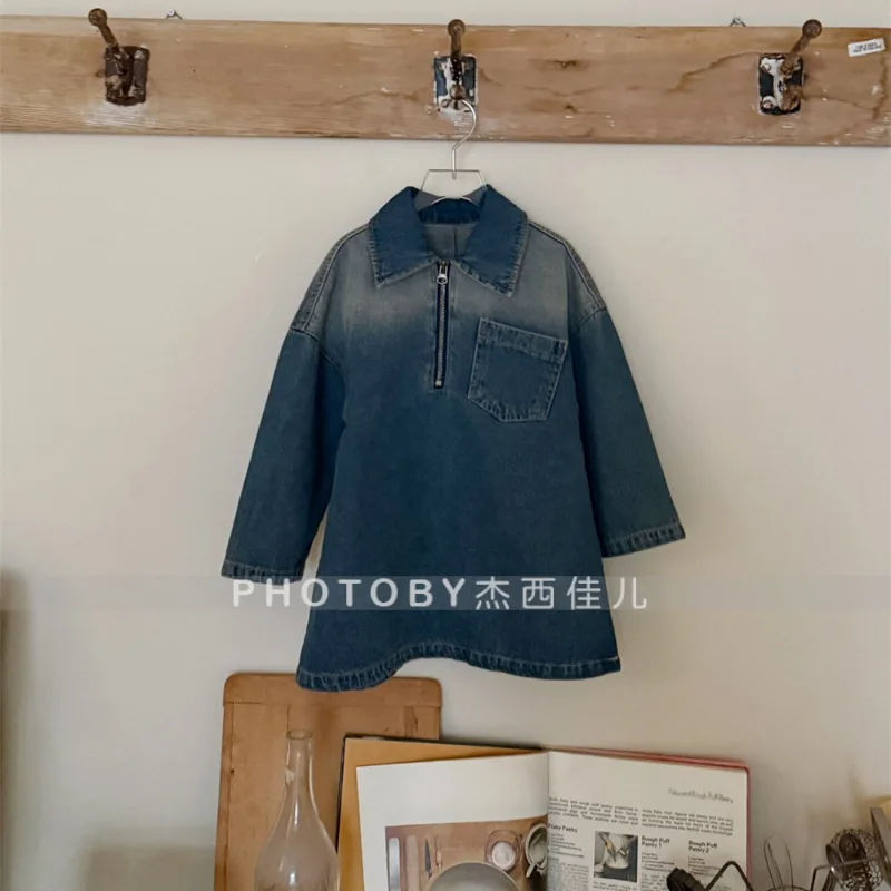 فستان بناتي من قماش الدنيم ملابس أطفال كورية لخريف وشتاء 2025 معطف طويل عصري وبسيط #5