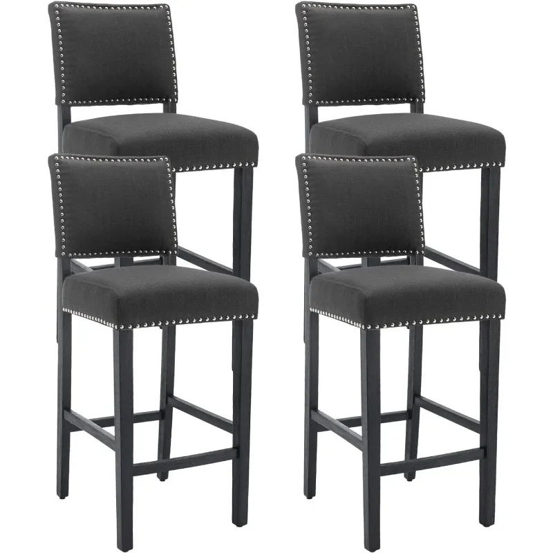 Height Bar Stool 26 Inches Upholstered High Back Barstool with Antique Nail Heads Solid Wood Set of 4 Counter Height Bar Chairs