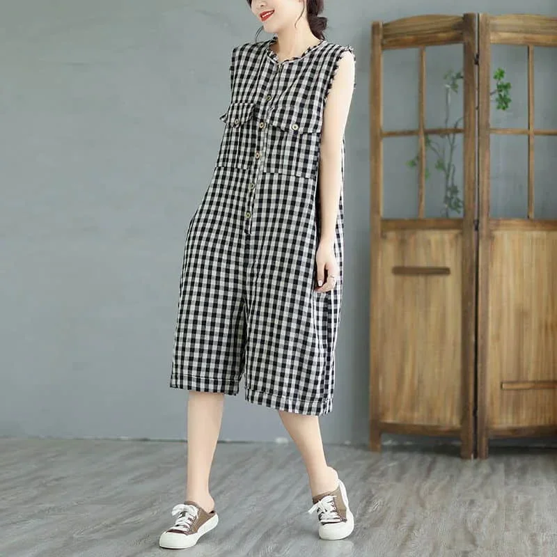 Celana Kodok Katun Pop untuk Wanita Pakaian Satu Potong Tanpa Lengan Kotak-kotak Besar Romper Wanita Longgar Gaya Korea Kasual Vintage Bermain