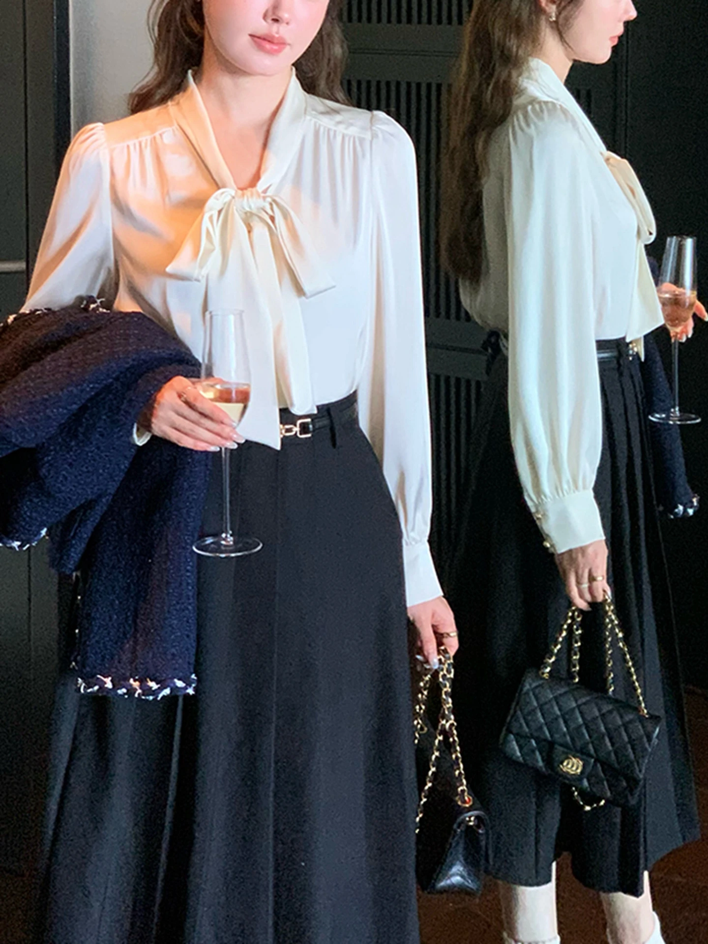 

Ele Satin Long Sve irt для женщин с узлом Casual Commute Sle Свободный крой Полиэфирная ткань Обычный све