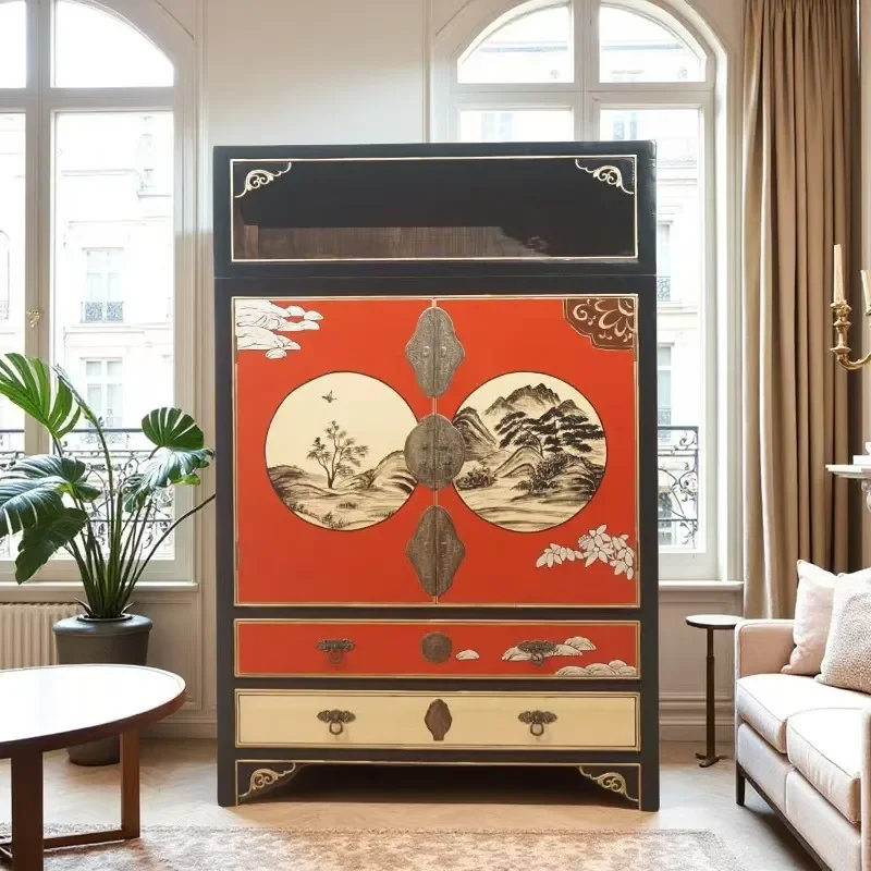 for New Chinese Style Solid Wood Dining Side Cabinet Multi Functional Locker Colorful Retro Old Pastoral Entrance Storage
